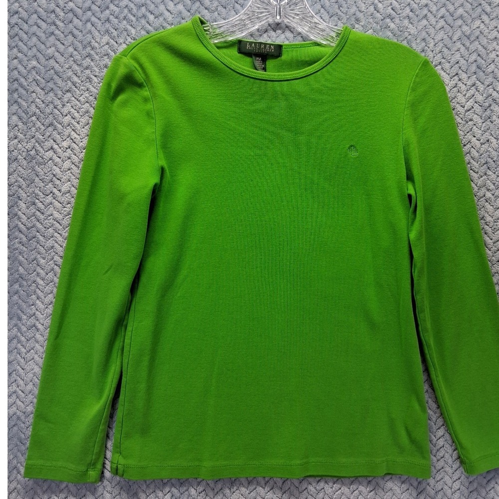Lauren Ralph Lauren Petite Green Ribbed Long Sleeve Crewneck Top LRL Monogram PM